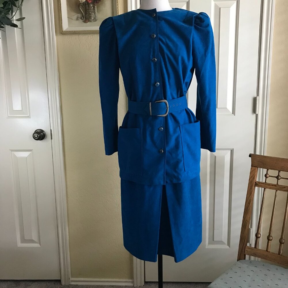 1980s Sabino Blue Polyester Suede Two Piece Suit - Size 10